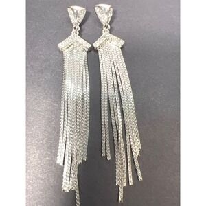 Rhinestone Chain Tassel Drop‎ Earrings Fringe Post 4" Articulated Prom Glamour